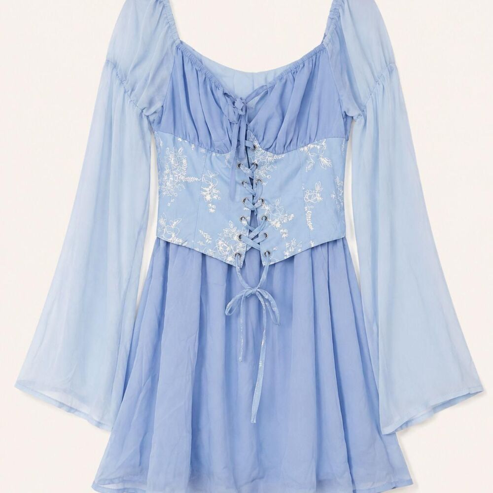 Light Blue Corset Mini Dress XS Floral Embroidered Lace Bell Sleeve Cottagecore - Picture 2 of 6